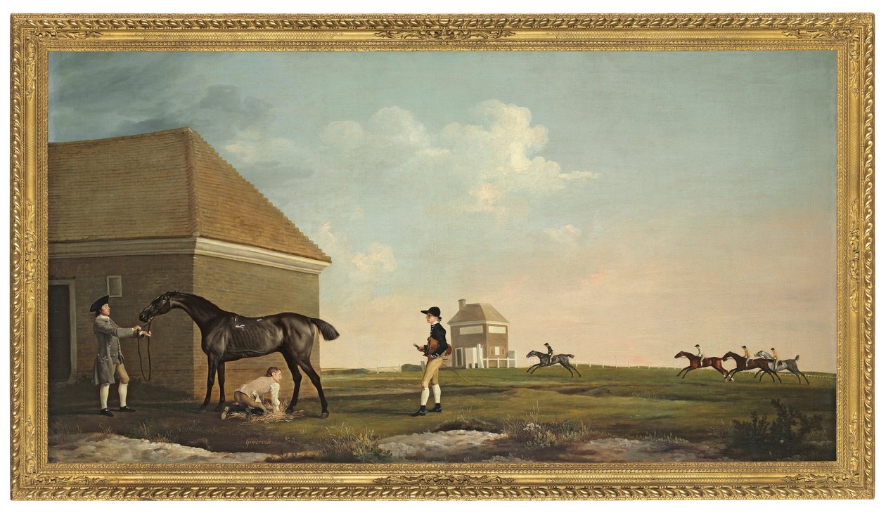 Gimcrack Newmarket Heathissä valmentajan, jockeyn ja tallipojan kanssa tekijältä George Stubbs