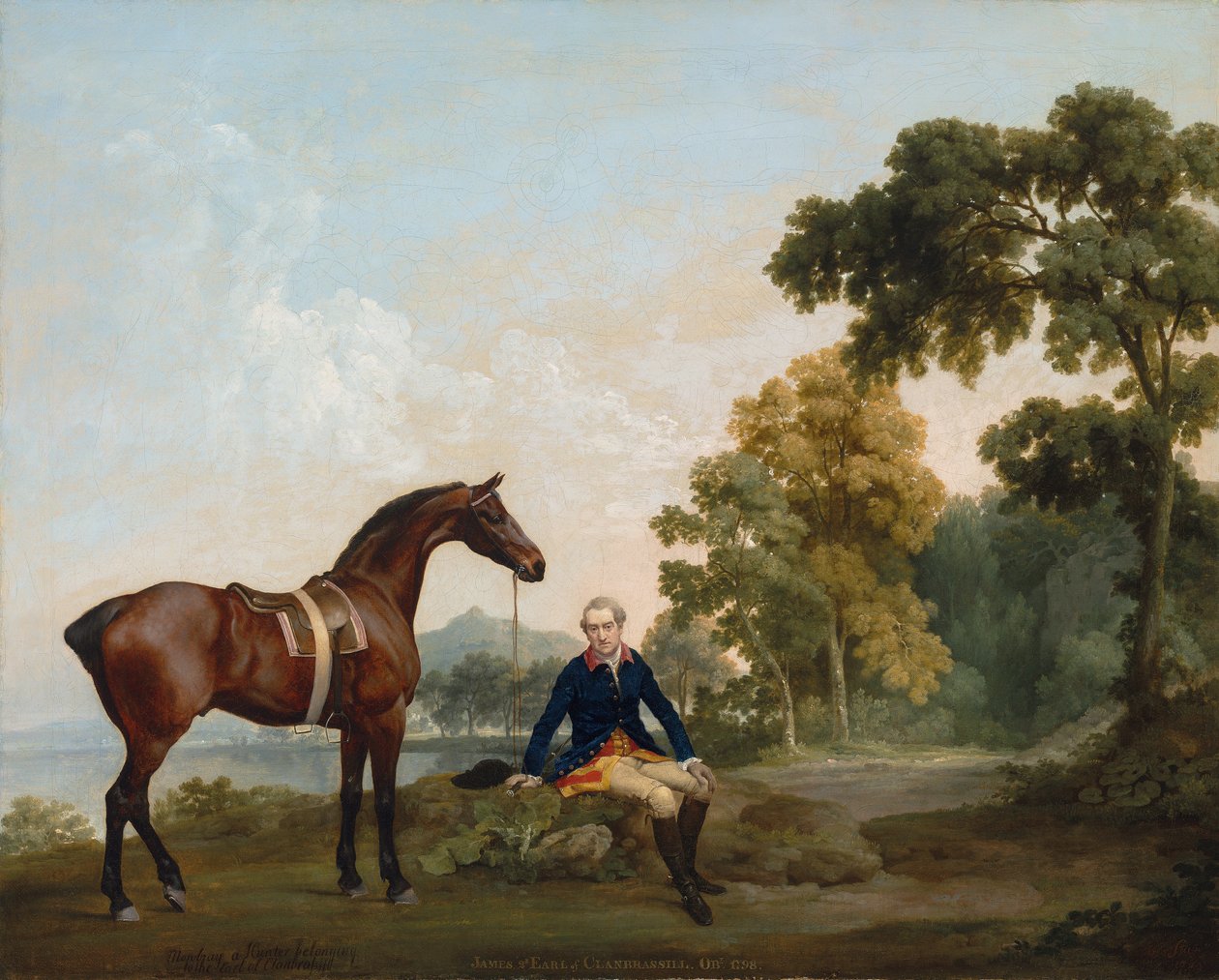 James Hamilton, Clanbrassilin toinen jaarli (1730-1798) lahdenmetsästäjänsä Mowbrayn kanssa lepäämässä metsäisellä polulla järven rannalla tekijältä George Stubbs