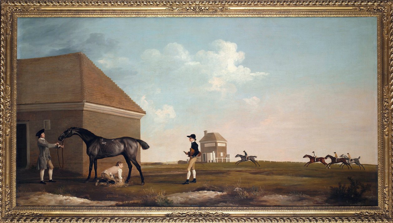 ""Gimcrack-kilpahevonen Newmarket Heathissa valmentajan, pojan ja jockeyn kanssa"" George Stubbsin (1724-1806) maalaus 1765 Koko 101,6x194 cm Yksityinen kokoelma tekijältä George Stubbs