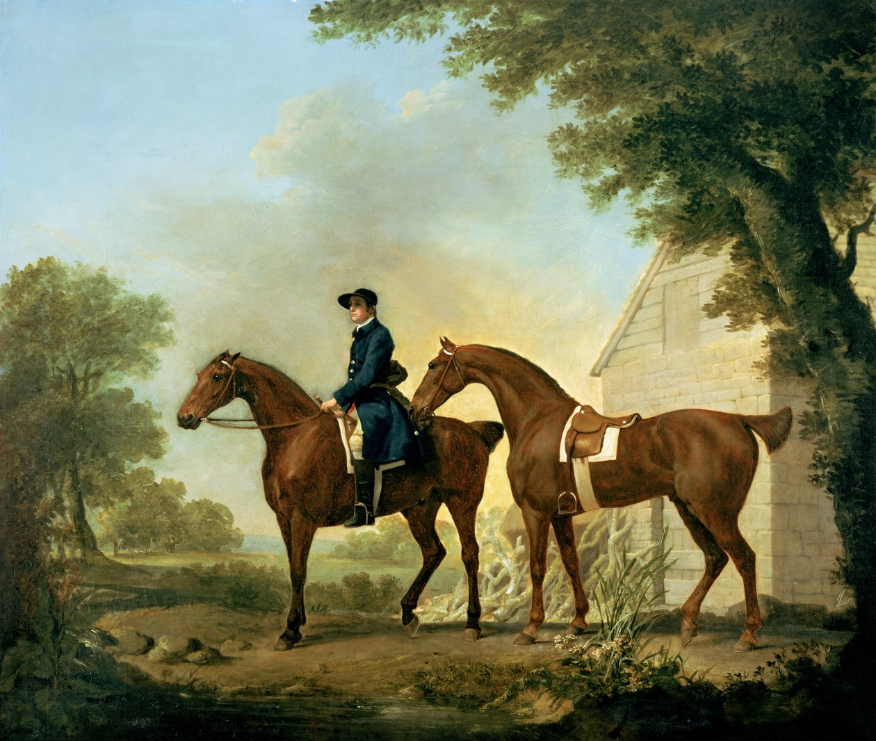 Mr. Crewen metsästäjät sulhasen kanssa lähellä puista navetta (öljy kankaalle) tekijältä George Stubbs
