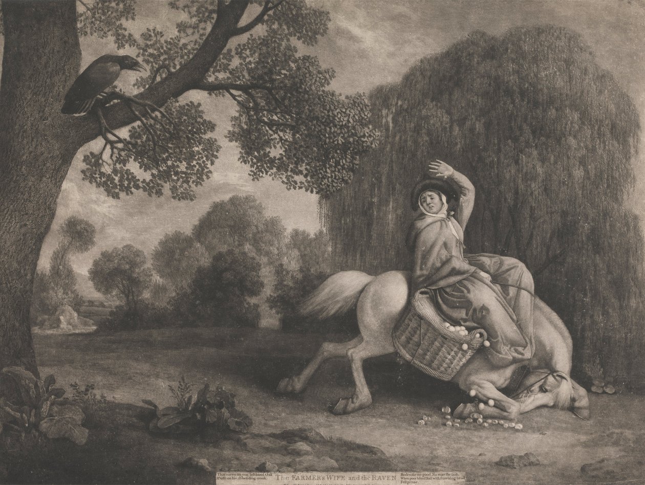 Maanviljelijän vaimo ja korppi, taiteilijan kaivertama, pubi. 1788 (katso myös 123112) tekijältä George Stubbs