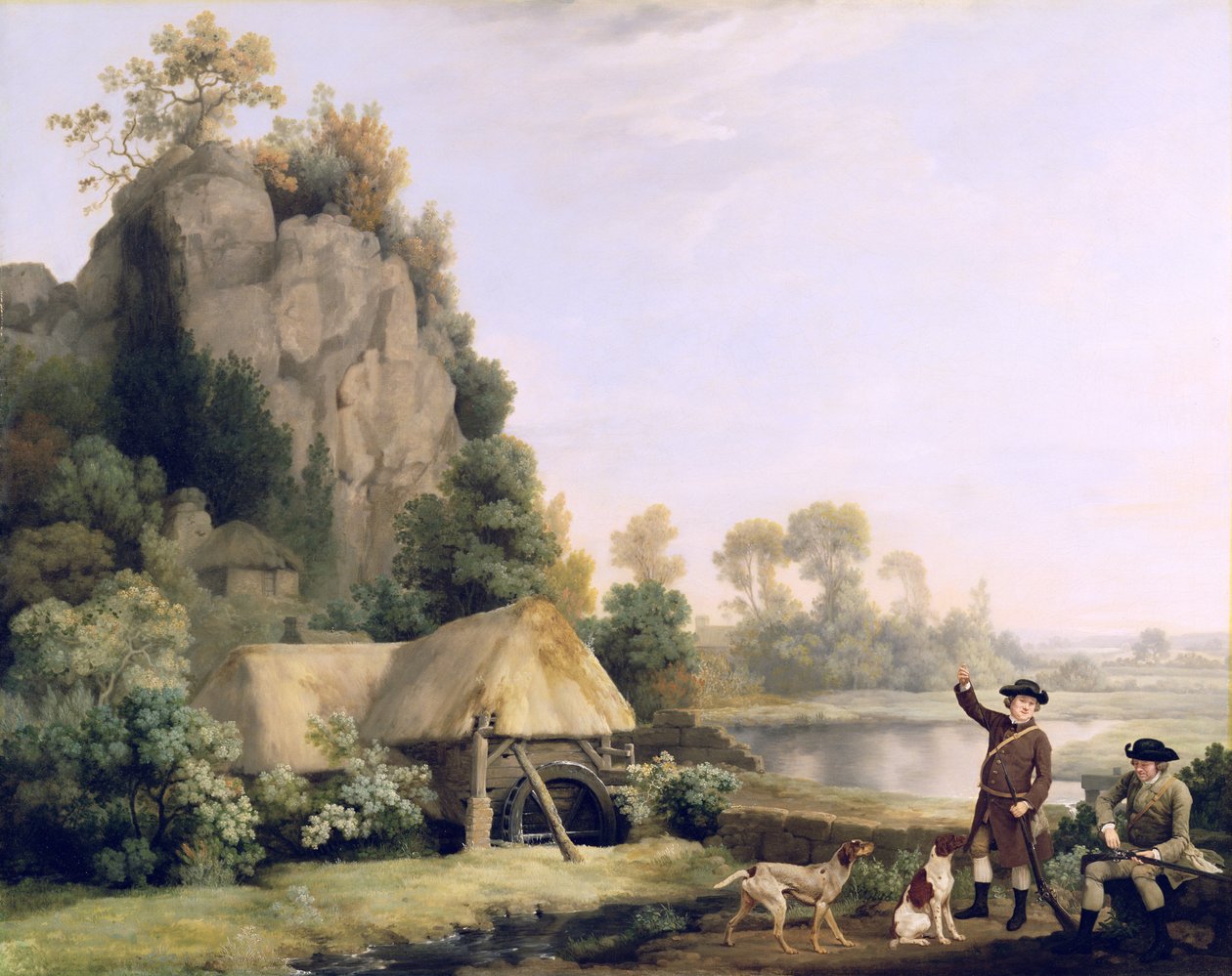 Kaksi herraa ampumassa, näkymä Creswell Cragsiin, otettu paikan päällä (öljy kankaalle) tekijältä George Stubbs