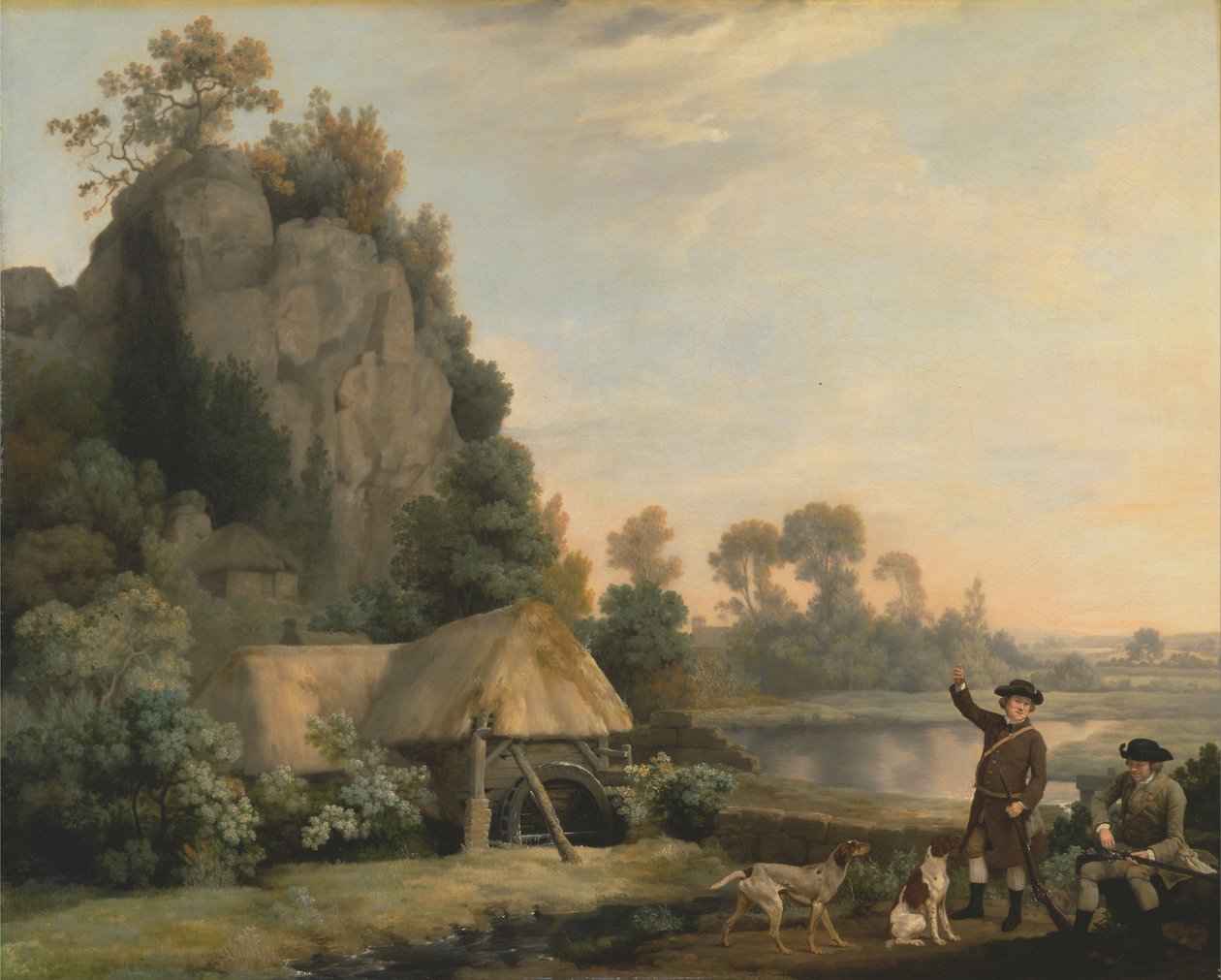 Kaksi herrasmiestä menossa ampumaan, ja näkymä Creswell Crags, otettu paikan päällä. tekijältä George Stubbs