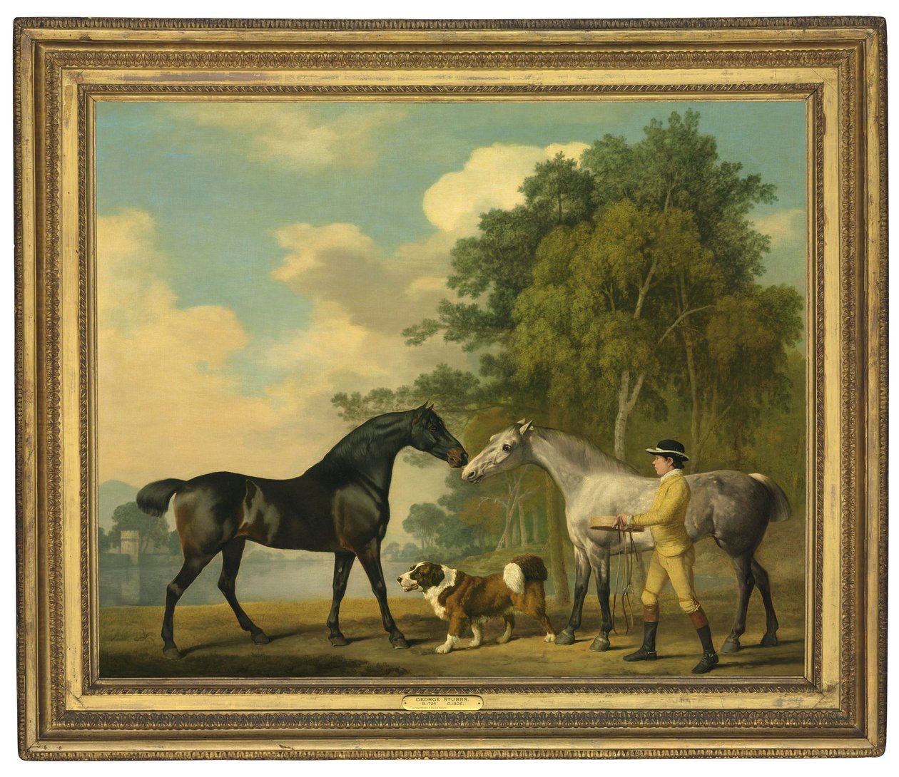 Kaksi metsästäjää nuoren sulhanen ja koiran kanssa järven rannalla, 1778 tekijältä George Stubbs