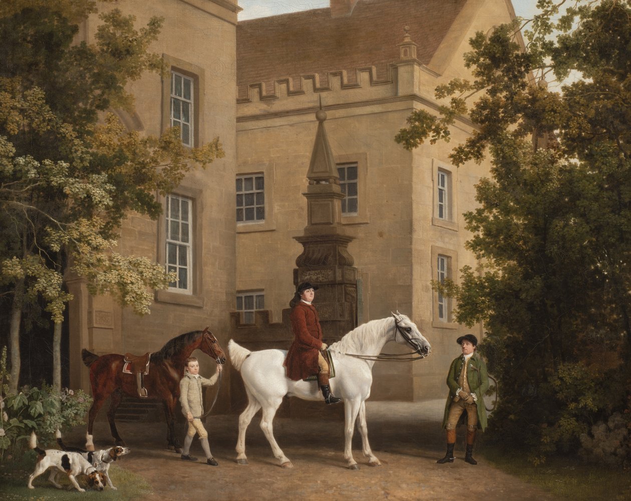 William Henry Cavendish Bentinck, Portlandin kolmas herttua Welbeck Abbey Riding Stablesin edessä, 1766-7 tekijältä George Stubbs