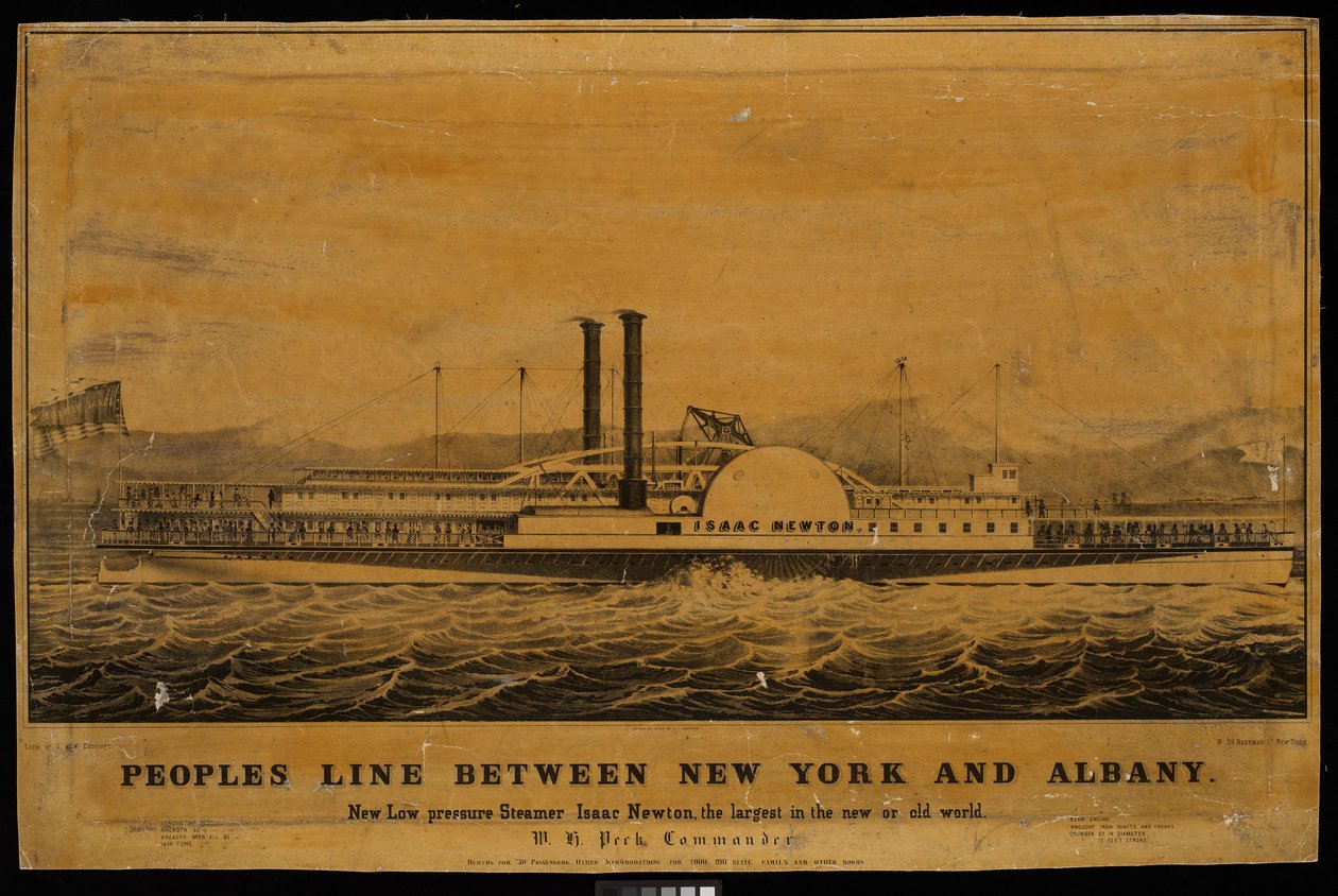 Kansojen linja New Yorkin ja Albanyn välillä. Uusi matalapainehöyrylaiva Isaac Newton, suurin uudessa ja vanhassa maailmassa (litografia). tekijältä George T. (after) Sanford