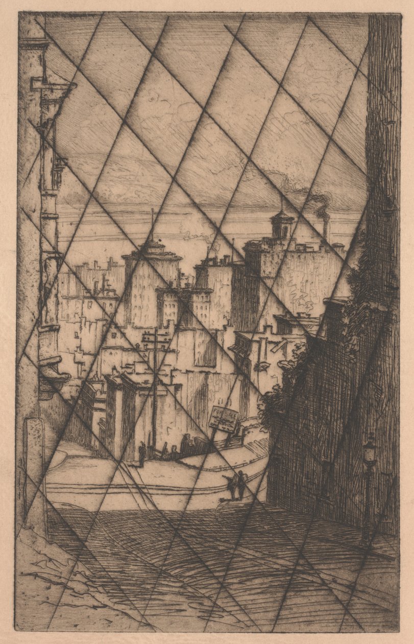 San Franciscossa (perutettu levy), n. 1911 (mezzotint) tekijältä George Taylor Plowman