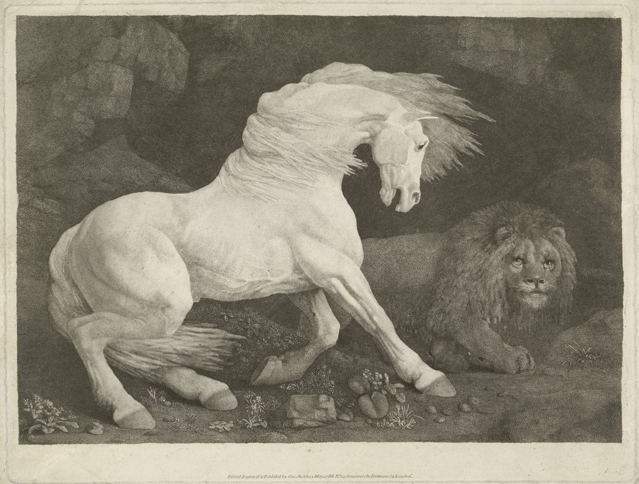Hevonen ja leijona, 1770 (mezzotint) tekijältä George Townley Stubbs