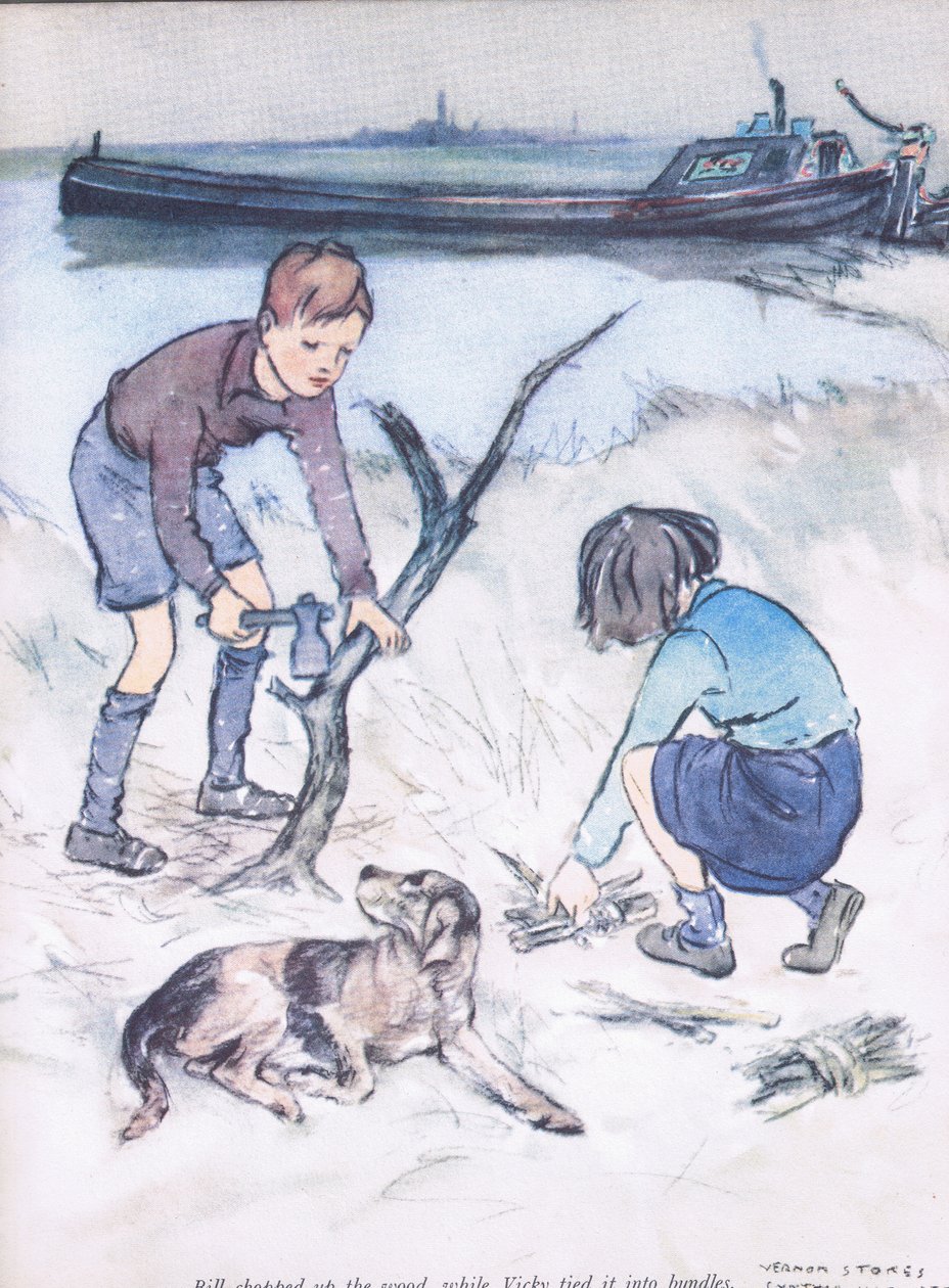 Bill hakkasi puita, kun taasVicky sitoi ne nipuiksi, Collinsin kustantamasta Mudlarksista. tekijältä George Vernon Stokes