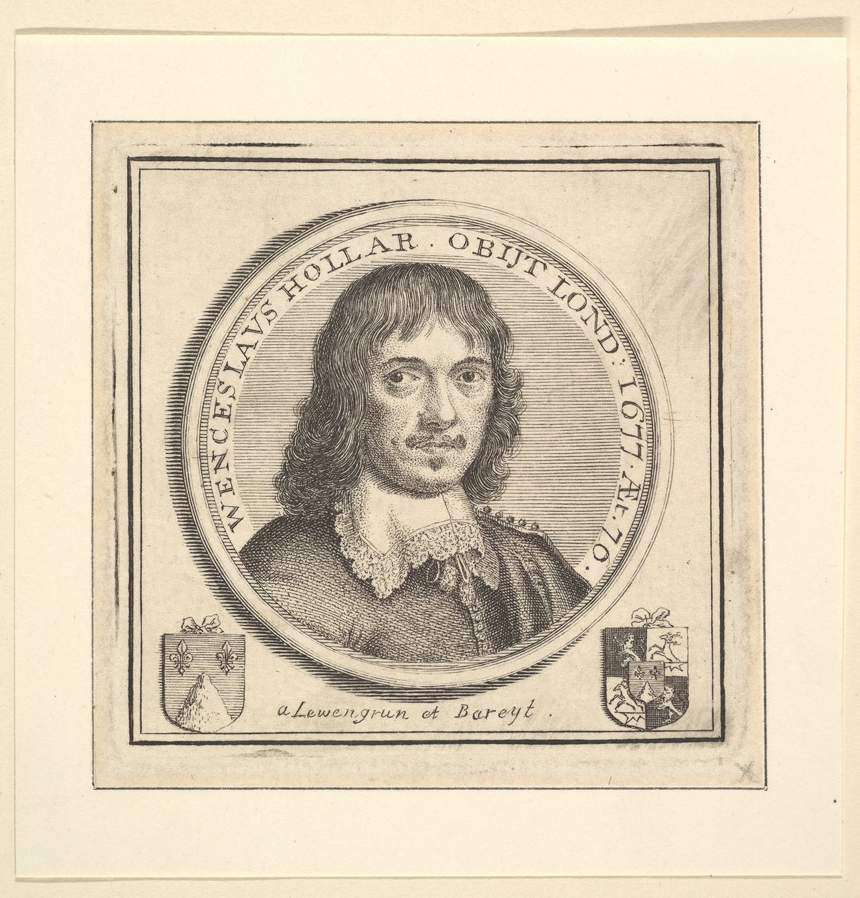 Hollarin rintakuva pyöreässä kehyksessä julkaistu Vertuesissa, Description of the Works of the..., 1745. tekijältä George Vertue
