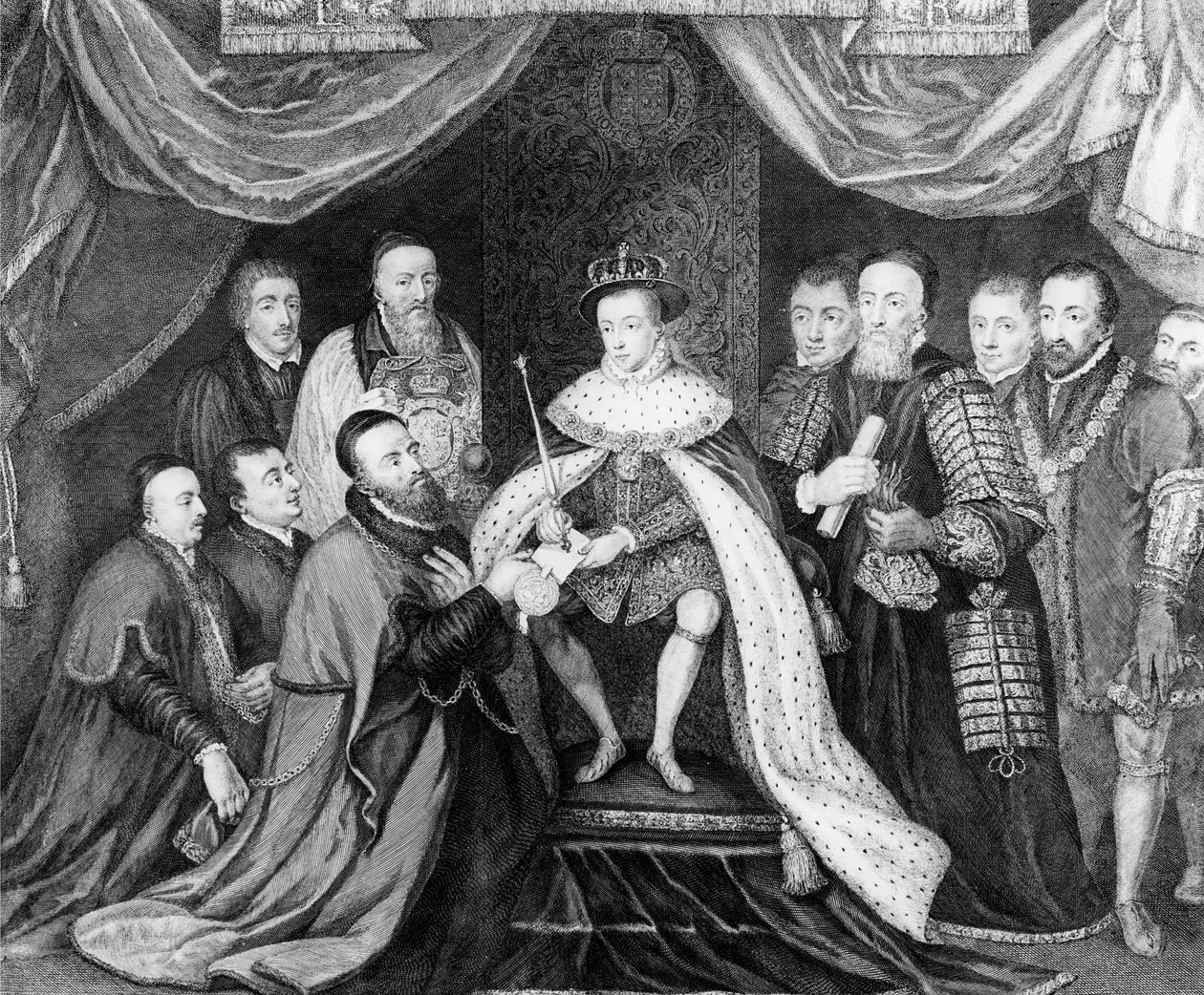 Edward VI myönsi Bridewellin sairaalan peruskirjan Sir George Barnesille vuonna 1553, julkaistu 1750 tekijältä George Vertue