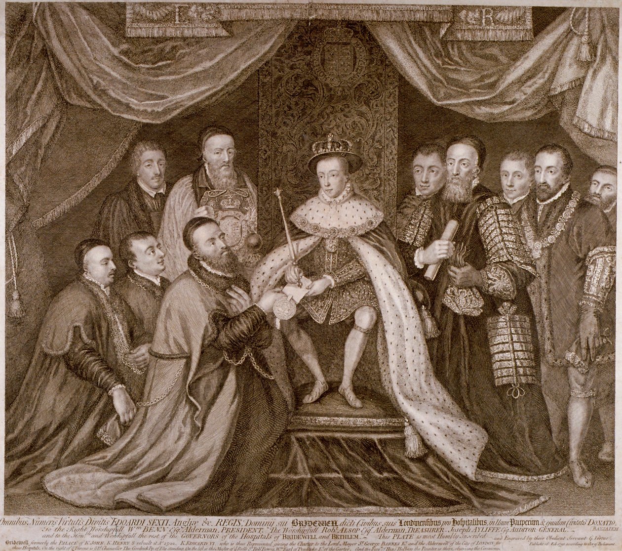 Edward VI allekirjoittaa peruskirjan Bridewellin antamisesta Lontoon Citylle työtaloksi, 1552 1750 tekijältä George Vertue