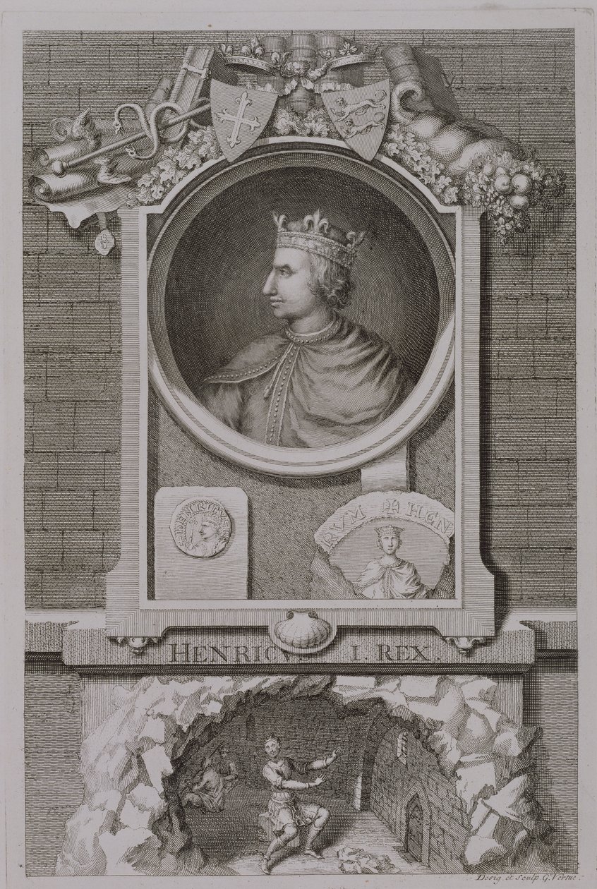 Henrik I (1068-1135) Englannin kuningas vuodelta 1100, taiteilijan kaivertama tekijältä George Vertue
