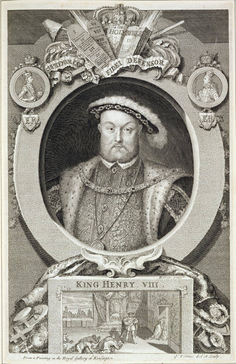 Henry VIII (1491-1547) Kensingtonin kuninkaallisessa galleriassa maalauksen jälkeen tekijältä George Vertue