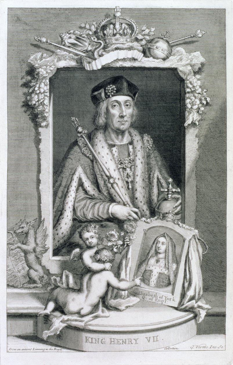 Henry VII (1457-1509) Englannin kuningas vuodesta 1485, taiteilijan kaivertaman kuninkaallisen kokoelman muotokuvan jälkeen tekijältä George Vertue