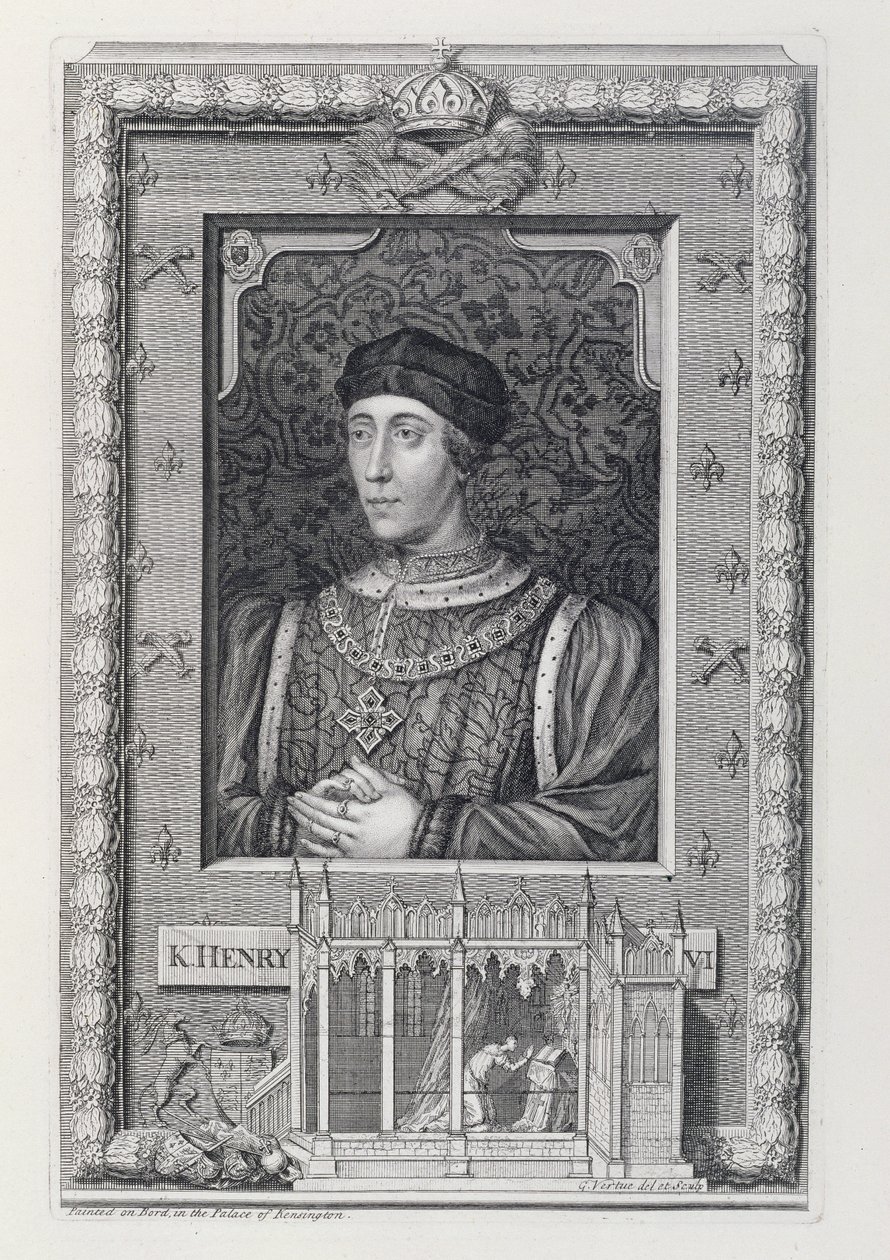 Henrik VI (1421-71) Englannin kuningas 1421-66 ja 1470-71 Kensingtonin palatsissa taiteilijan kaivertaman muotokuvan jälkeen tekijältä George Vertue