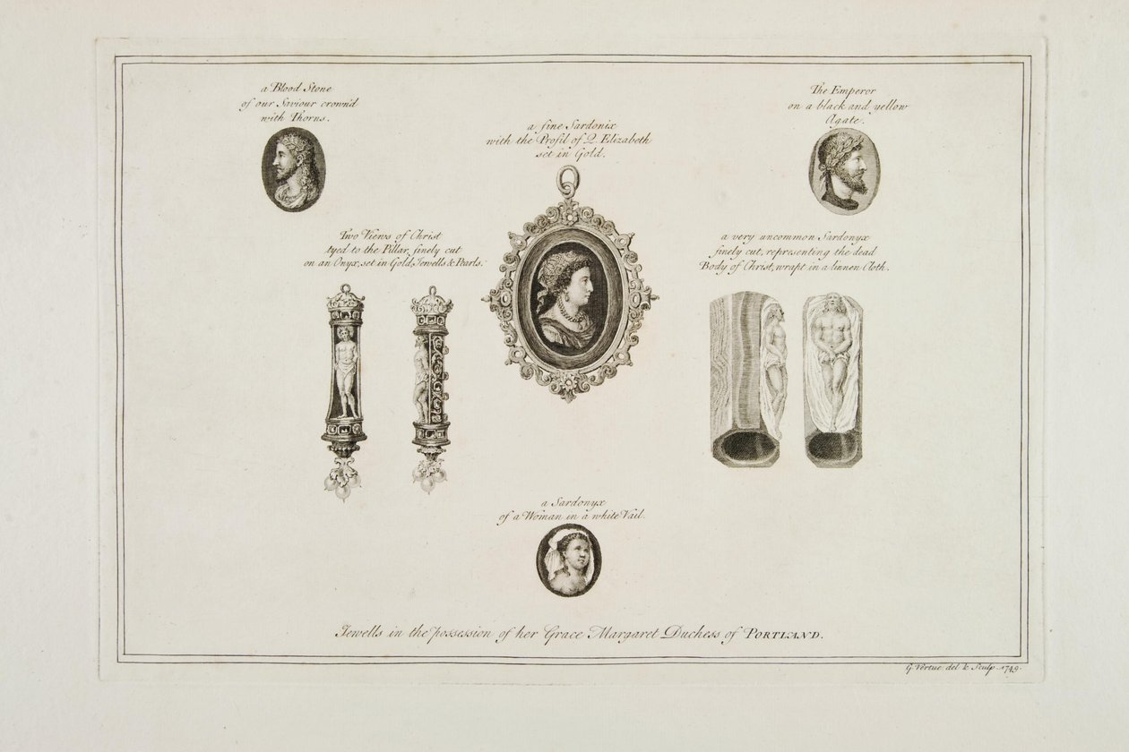 Jalokivet hänen armonsa Margaret Portlandin herttuattaren hallussa, 1749 tekijältä George Vertue
