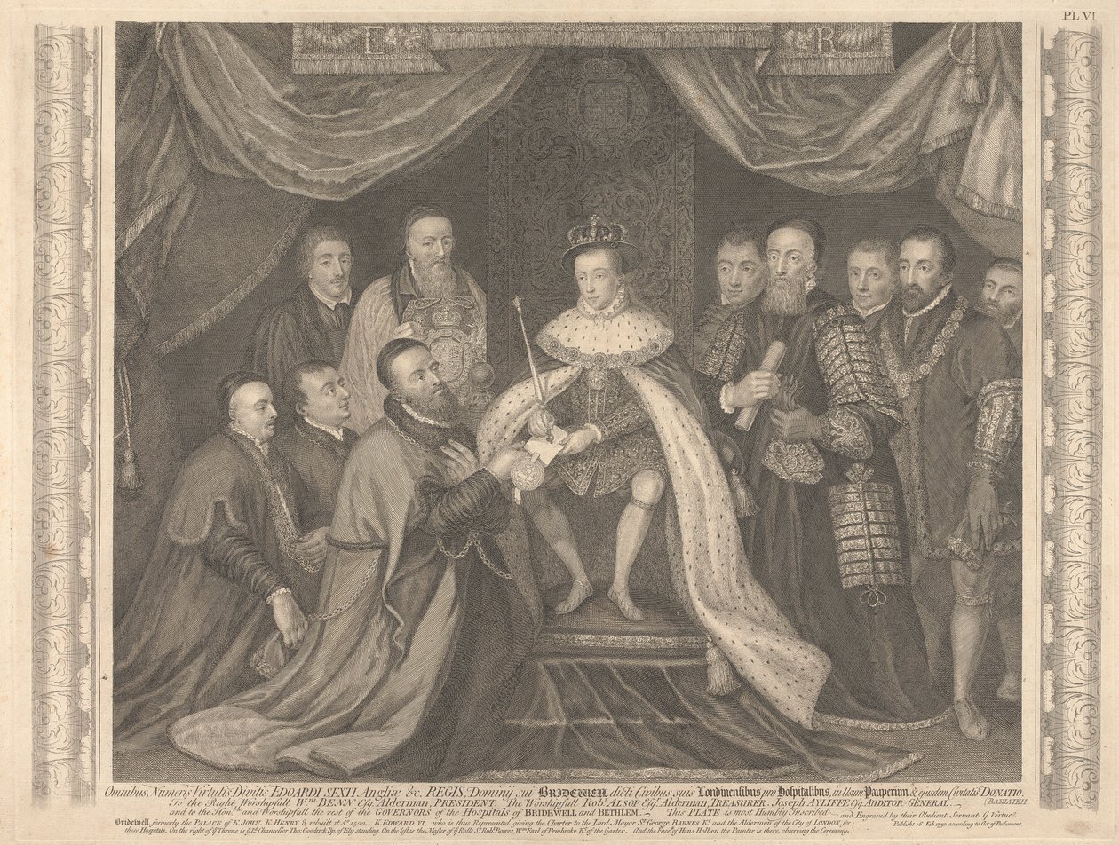 Kuningas Edward VI esittelee Bridewellin peruskirjan Sir George Barnesille tekijältä George Vertue
