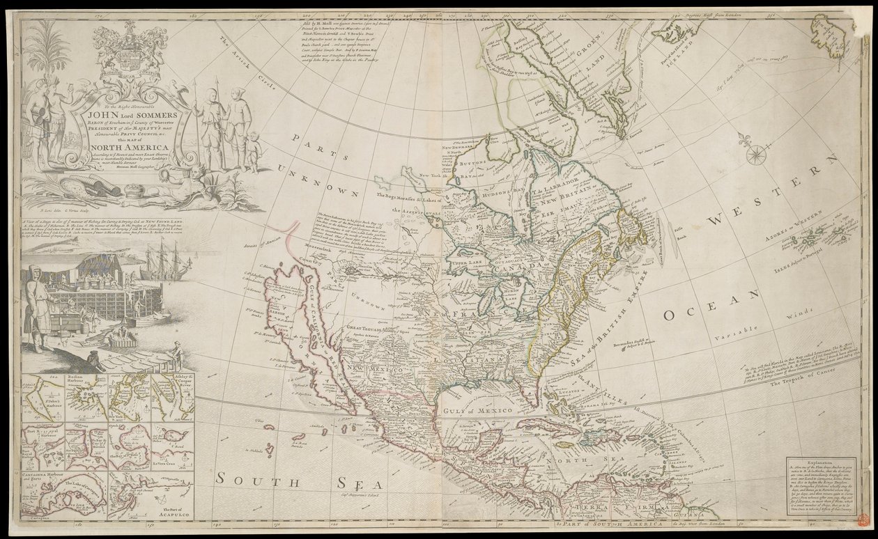 Pohjois-Amerikan kartta, noin 1720 (kaiverrus). tekijältä George Vertue