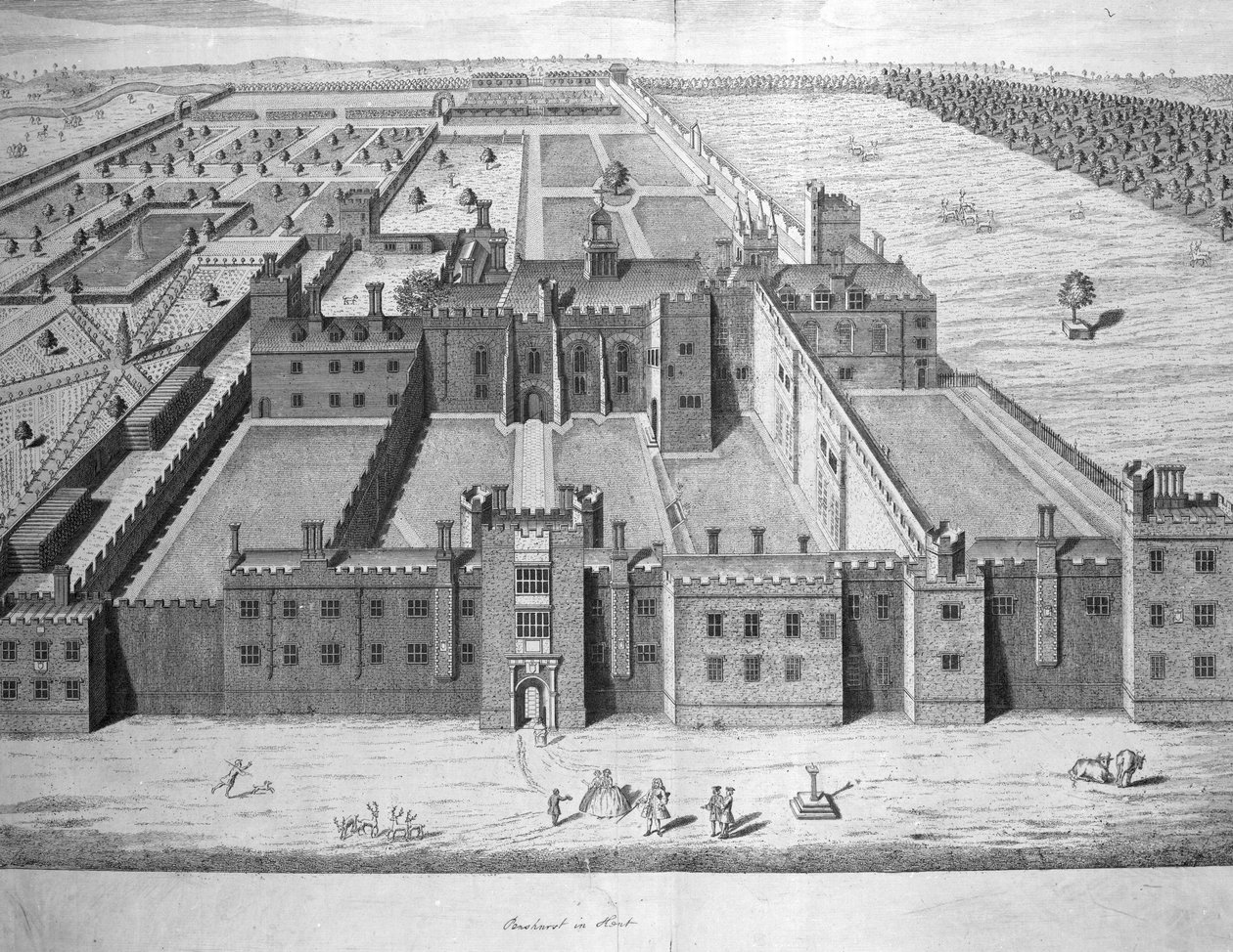 Penshurst Place, Edward Halsteadin teoksesta Kentin piirikunnan historia ja topografinen tutkimus, 1747 tekijältä George Vertue