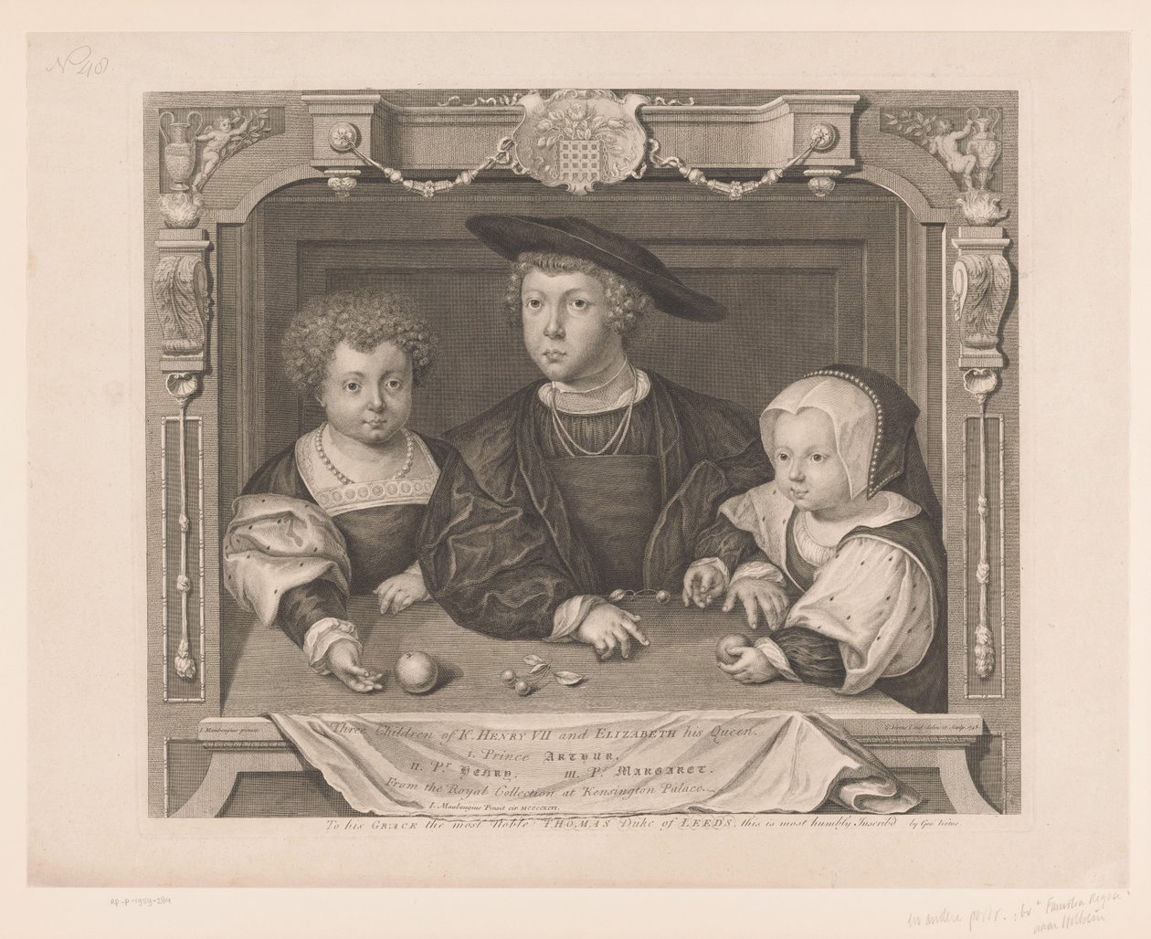 Portret van Dorothea, Johan ja Christina van Denmarken K. Henry VII:n ja hänen kuningattarensa Elizabethin kolme lasta. I. Prinssi Arthur, II. PR. Henrik, III. Ps. Margaret (otsikko esineessä) Portretten van de Tudors (sarjan nimi) Historialliset muotokuva tekijältä George Vertue
