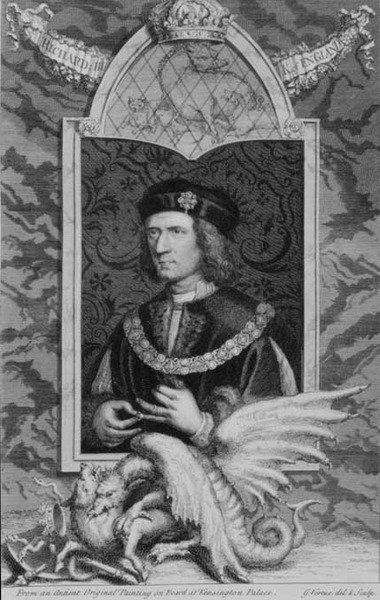 Rikhard III (1452-85) Englannin kuningas vuodesta 1483 alkaen, Kensingtonin palatsissa olevan muotokuvan mukaan, taiteilijan kaiverrettu (kaiverrus). tekijältä George Vertue