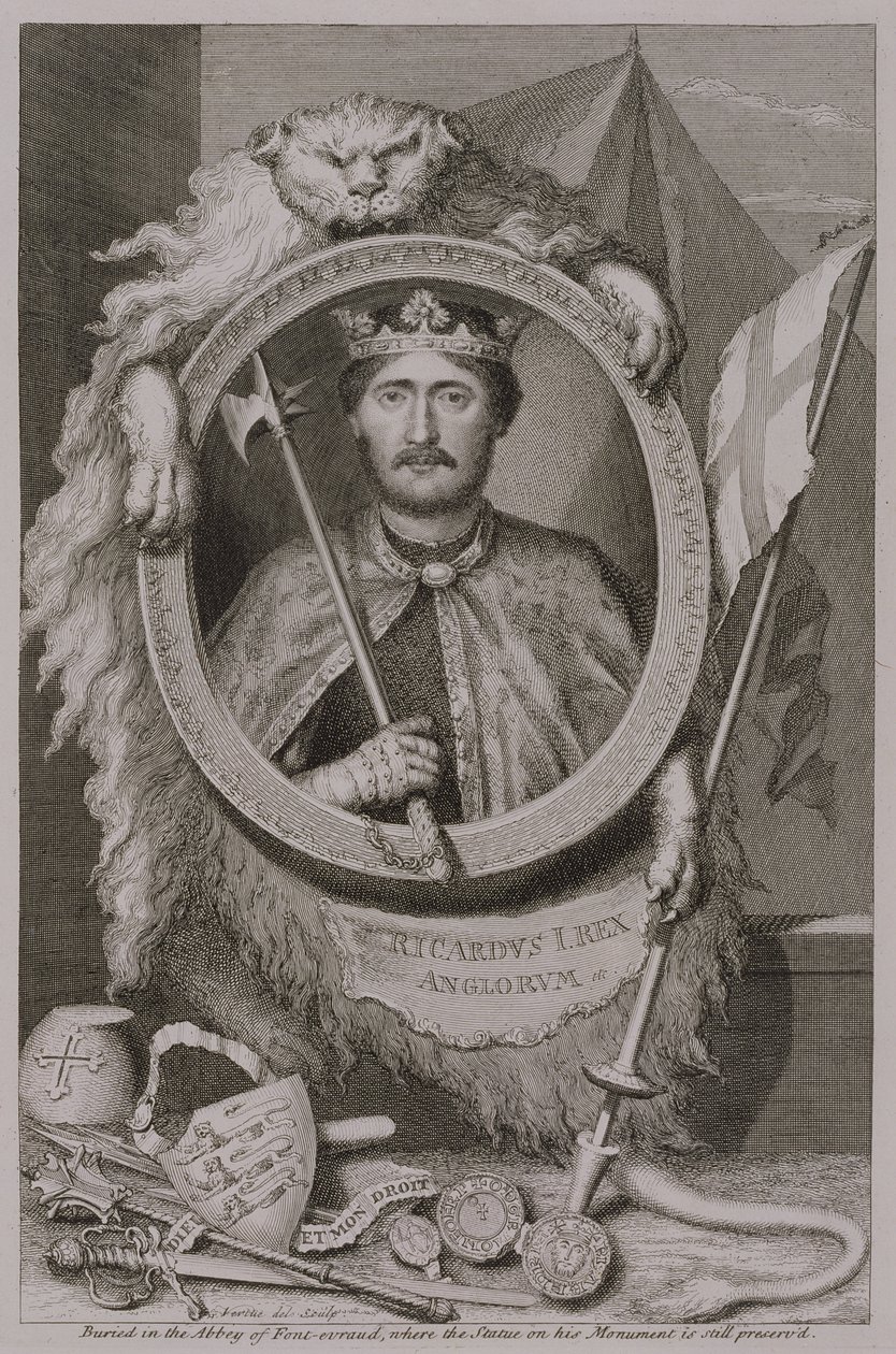 Richard I "Coeur de Lion" (1157-99) Englannin kuningas vuodelta 1189, hänen Fontevraultin muistomerkkinsä kuvasta, taiteilijan kaivertama (kaiverrus) tekijältä George Vertue