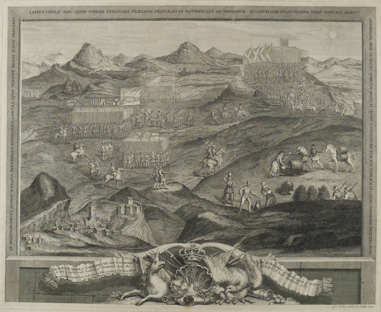 Carberry Hillin taisteluryhmä lähellä Edinburghia vuonna 1567, noin 1738 tekijältä George Vertue
