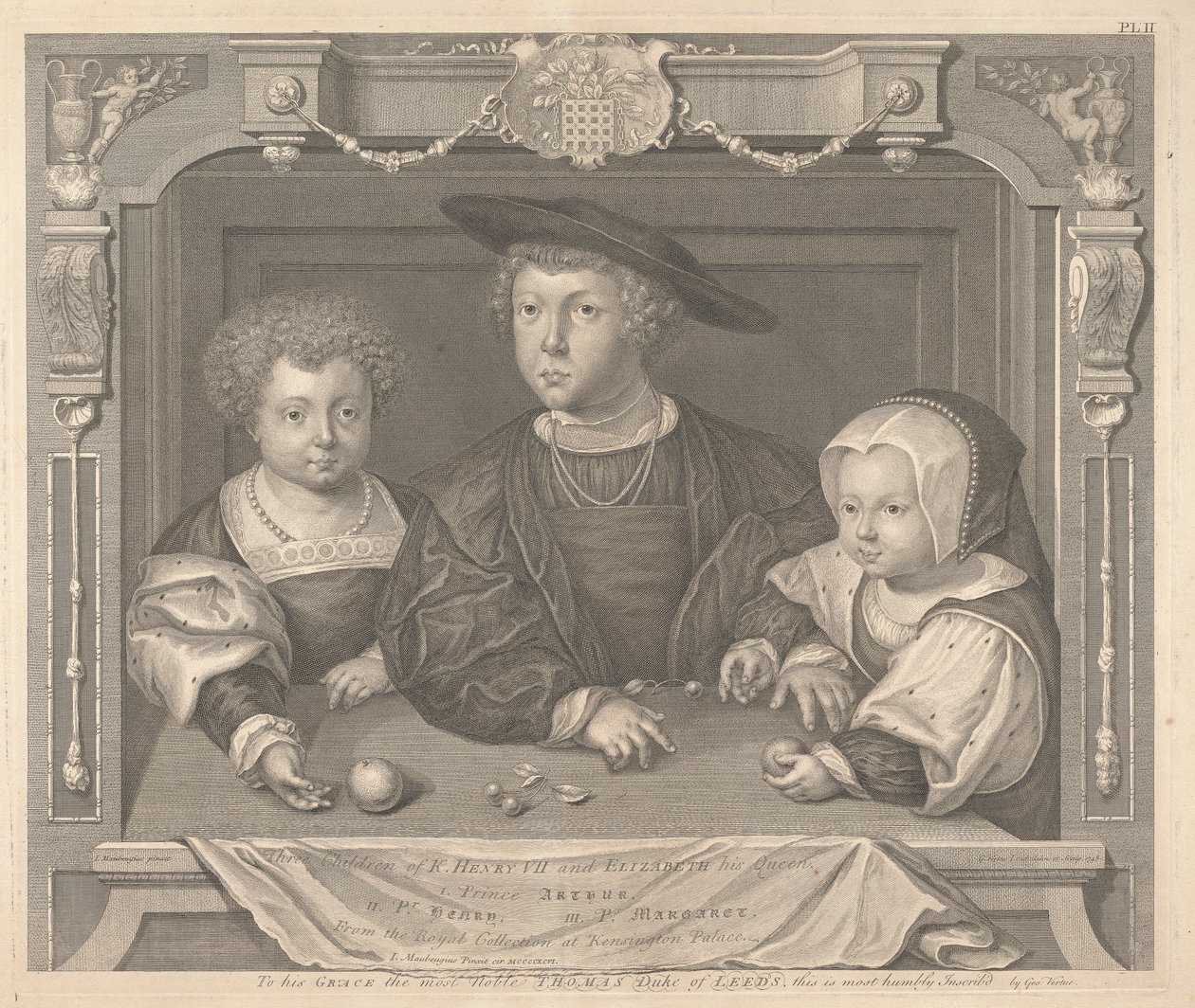 Henrik VII:n ja hänen kuningattarensa Elizabethin kolme lasta, prinssi Arthur, prinssi Henry ja prinsessa Margaret tekijältä George Vertue