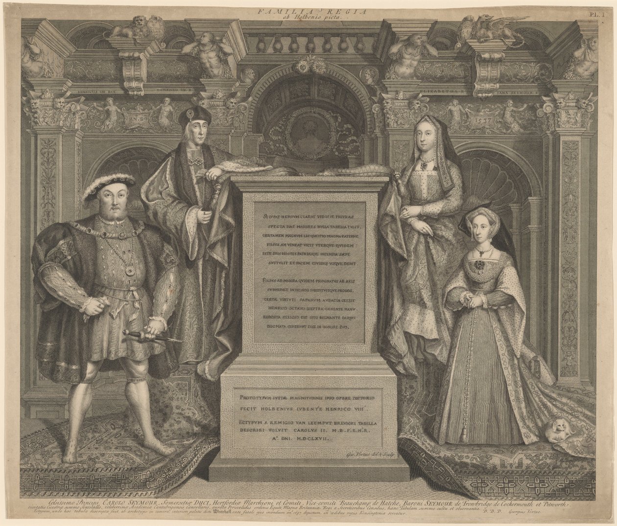 Henrik VII ja Henrik VIII:n perhe Whitehallin palatsissa tekijältä George Vertue after Hans Holbein the Younger