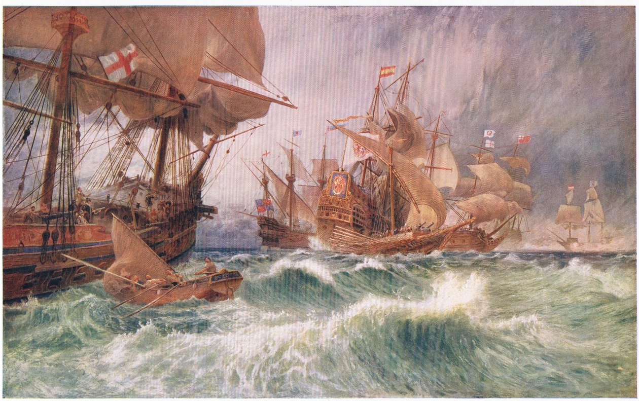 Kutsu antautumaan: tapaus suuren Armadan hyökkäyksessä 1588, Waverley Book Companyn julkaisemasta Cassells History of the British Peoplesta, noin 1950-luku tekijältä George Vicat Cole