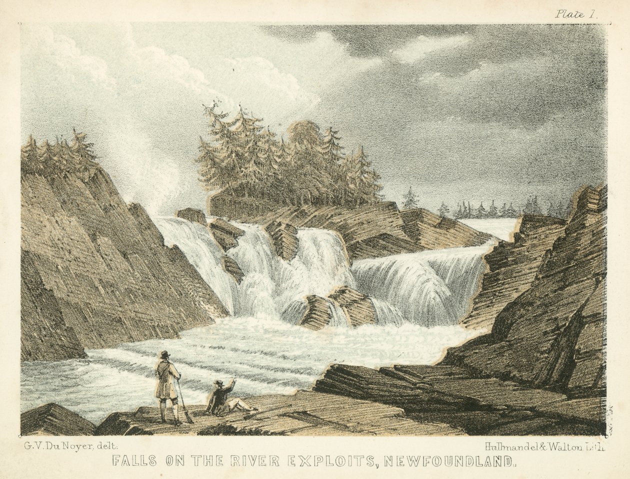 Falls on the River Exploits, Newfoundland (värillinen kaiverrus). tekijältä George Victor Du Noyer