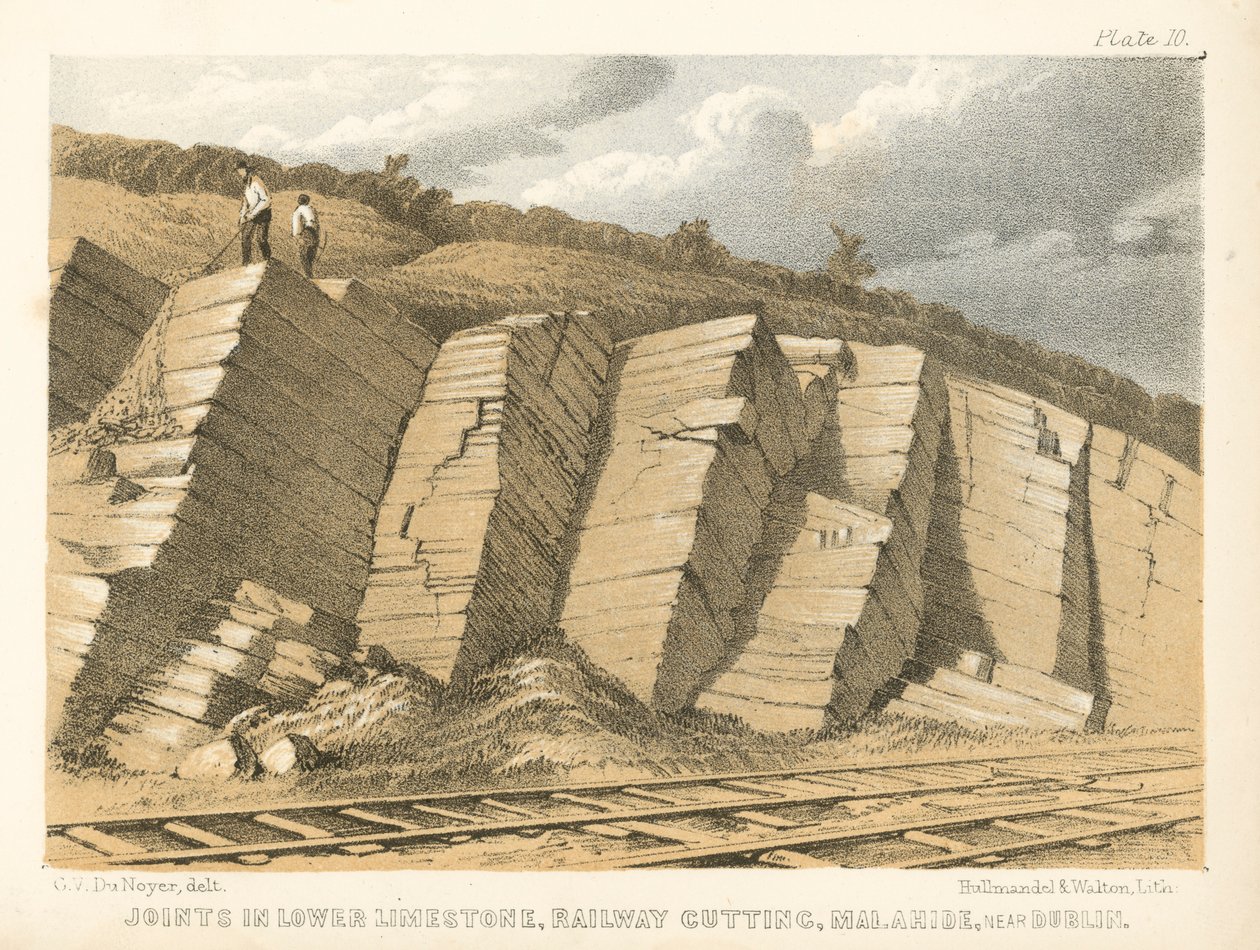 Alemman kalkkikiven liitokset, Railway Cutting, Malahide, lähellä Dublinia (värillinen kaiverrus). tekijältä George Victor Du Noyer