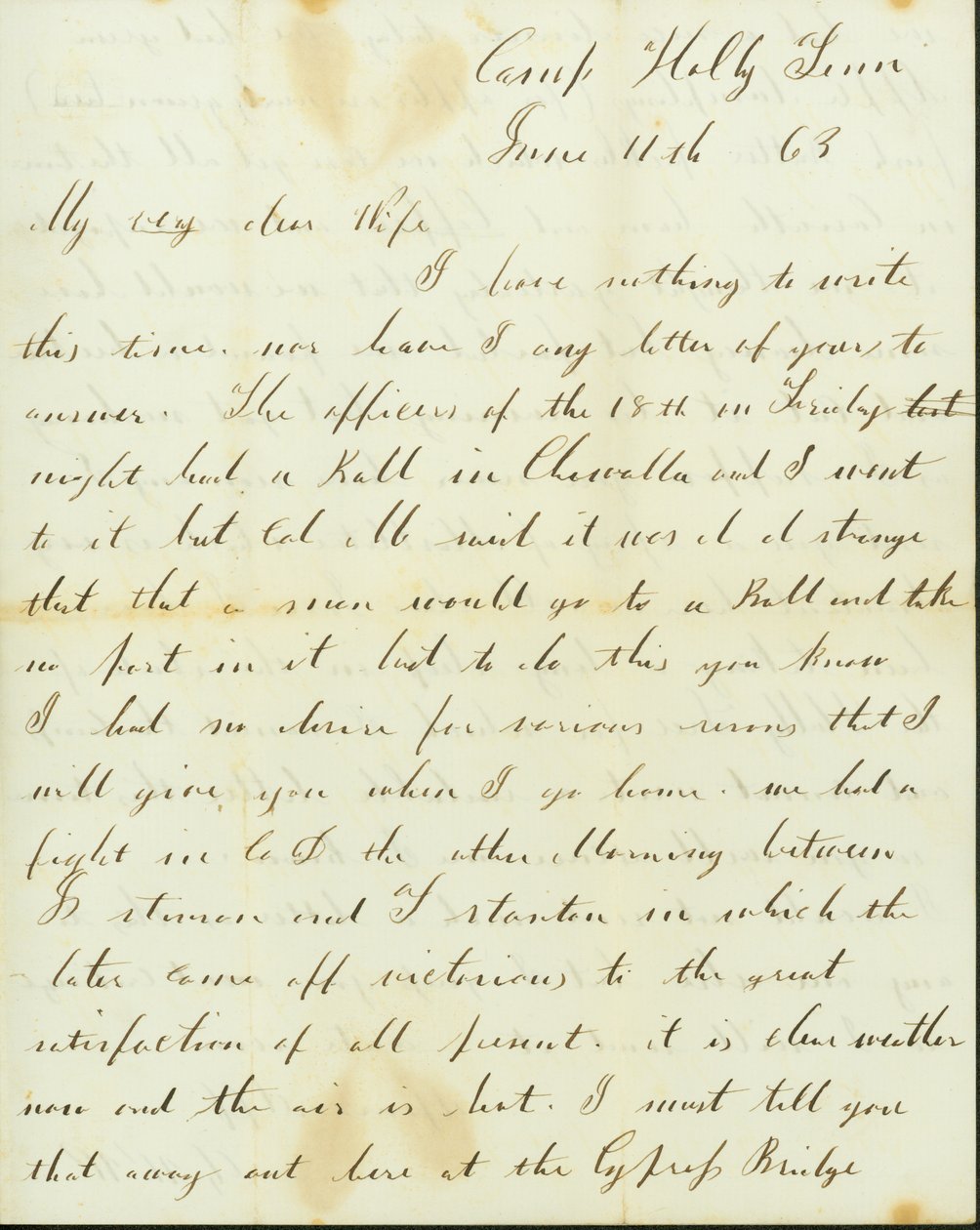 Kirje George Wyckoffilta, Camp Holly, Tennessee, Josephine, 11. kesäkuuta 1863 tekijältä George W. Wyckoff
