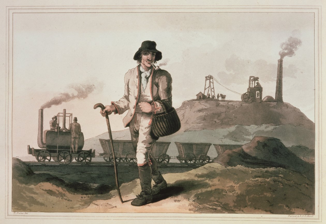 Blenkinsop-veturi Middletonin tehtaalla lähellä Leedsiä, kaiverrus Robert ja Daniel Havell, 1814 tekijältä George Walker