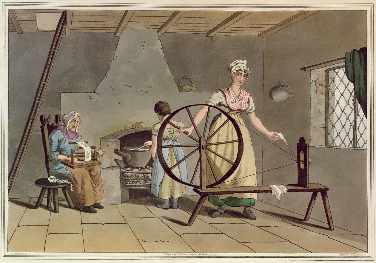 Woman Spinning, "Yorkshiren puku", kaiverrus Robert Havell (1769-1832), 1814 tekijältä George Walker