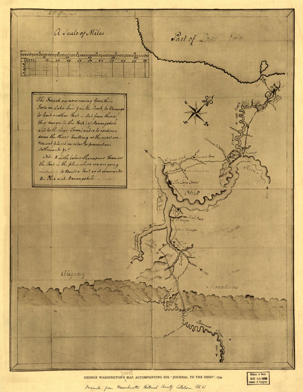 George Washingtonin kartta, joka liittyy hänen "Ohion päiväkirjaansa", 1754. LOC 99446116 tekijältä George Washington