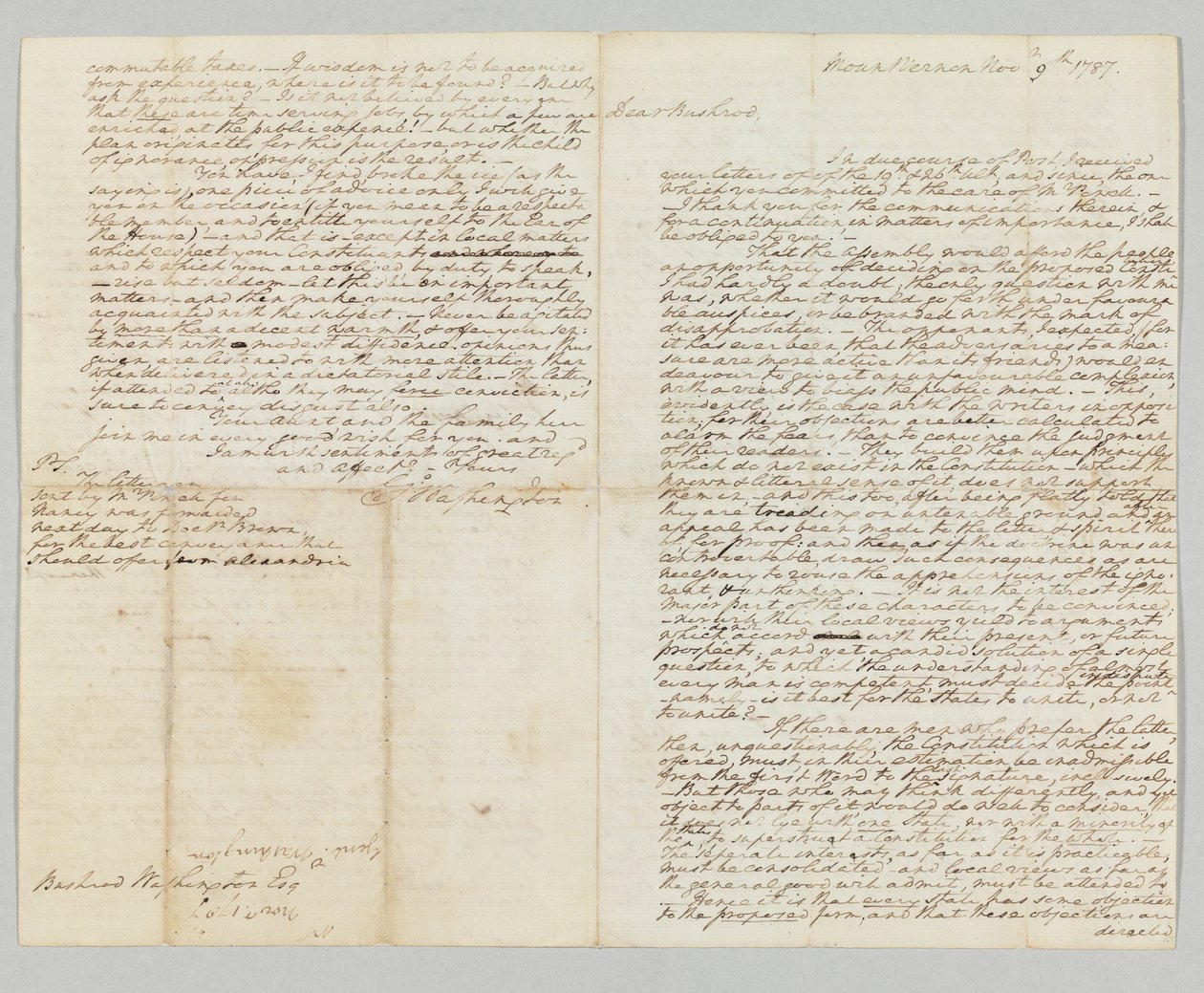 "Perustuslain mukainen valta tulee aina olemaan kansalla", allekirjoitettu nimikirjoituskirje Bushrod Washingtonille, 9. marraskuuta 1787 (kynä ja muste paperille) (katso myös 490373) tekijältä George Washington