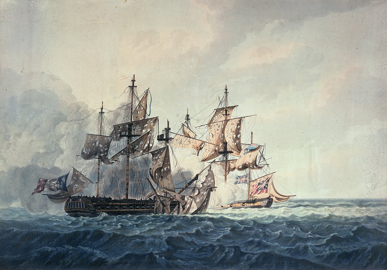 Hänen Majesteettinsa Sloopin Bonne Citoyennen ja ranskalaisen fregatin La Furieusen välinen toiminta Länsisaarilla 6. heinäkuuta 1809, R und D Havellin kaivertama, julkaissut Robert Cribb vuonna 1810 tekijältä George Webster