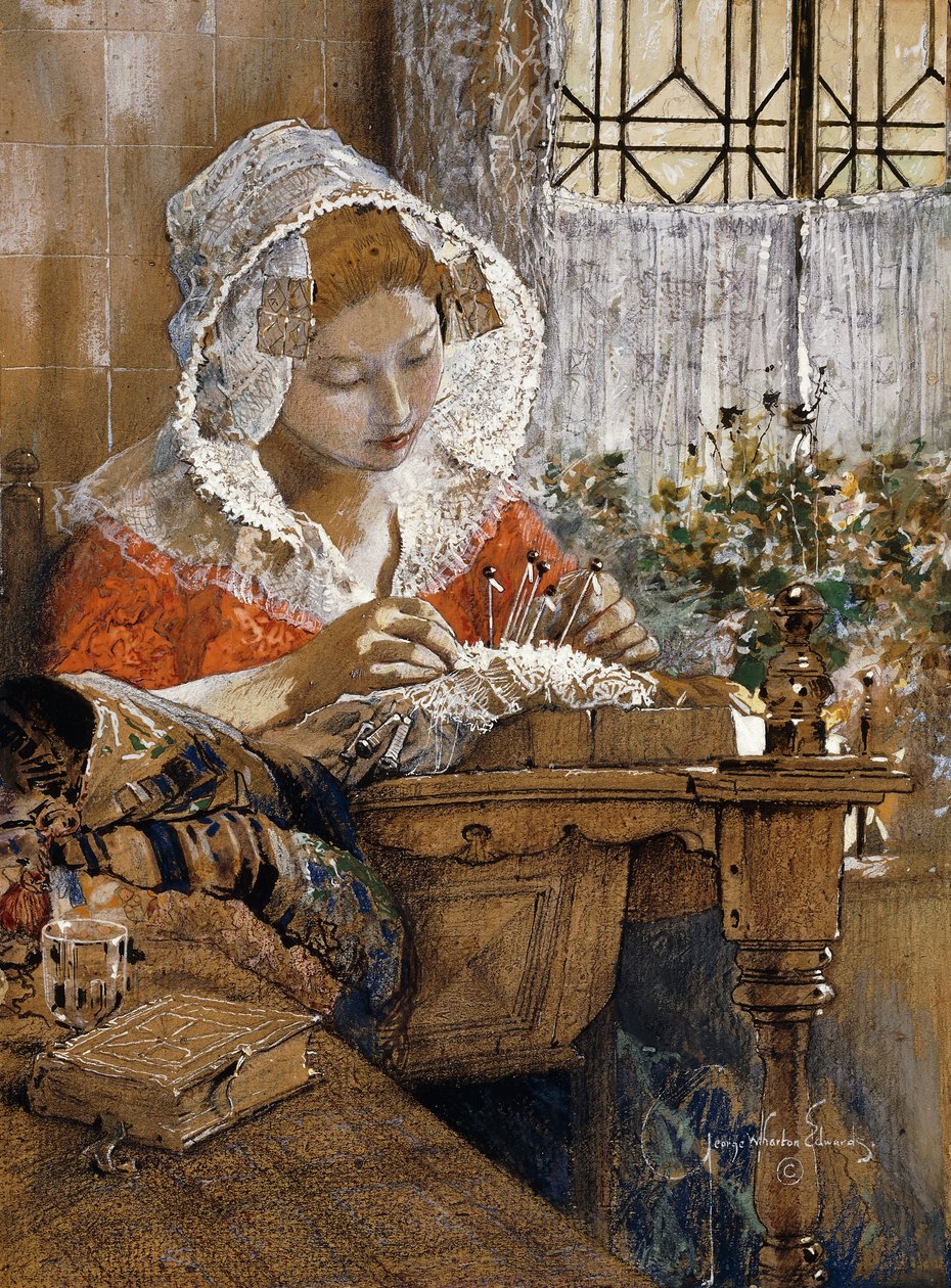 The Flander Lacemaker, n. 1925 (guassi, pastelli ja lyijykynä ruskealla paperilla) tekijältä George Wharton Edwards