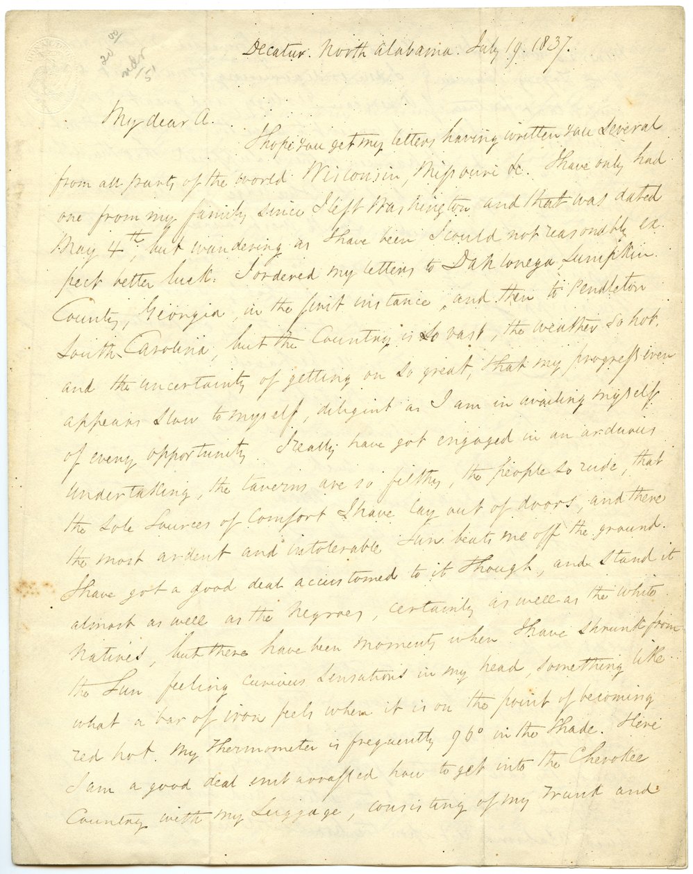 Puutteellinen kirje [G.W. Featherstonhaughin], Decatur, NC, eversti Abertille [John James Abert], 19. heinäkuuta 1837. tekijältä George William Featherstonhaugh