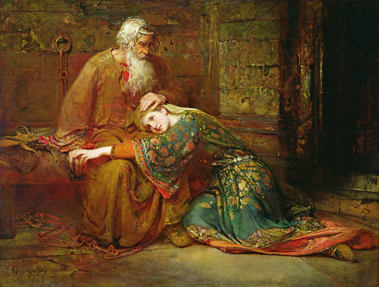 Cordelia lohduttaa isäänsä, kuningas Learia, vankilassa tekijältä George William Joy