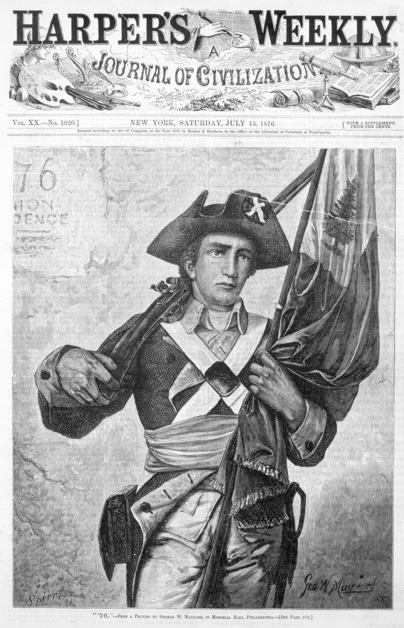 "76" Minuteman tai Continental Soldier pitelee muskettilippua, "Harpers Weekly, A Journal of Civilization" -lehden etukansi, kaiverrus Speer, New York, 15. heinäkuuta 1876 tekijältä George Willoughby Maynard