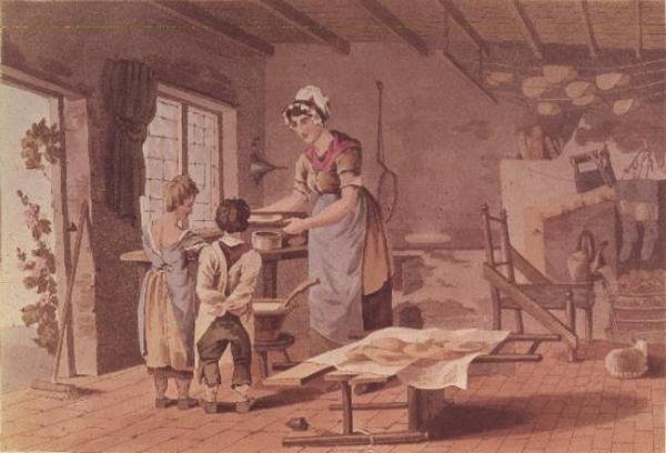 Kaurakakkujen valmistus, Havell Brothersin kaiverrus, pubi. 1813, Robinson and Son (katso myös 56302) tekijältä George after Walker