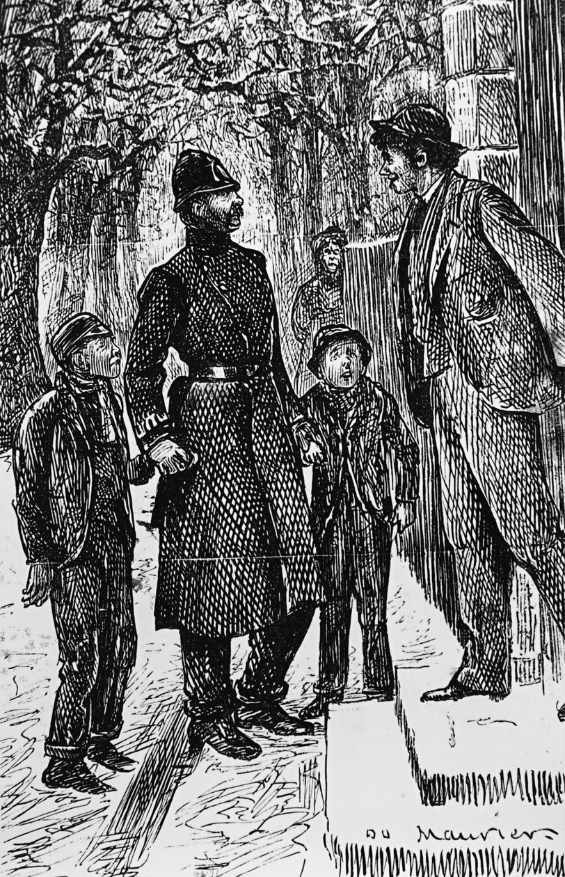 Lontoon poliisi esittelee kaksi katuarabia herralle, jonka oven edessä he ovat olleet liukumäellä jäällä tekijältä George du Maurier