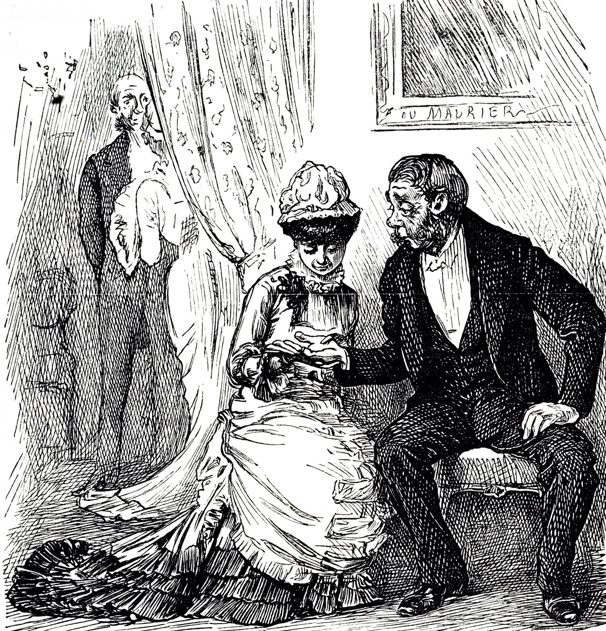 Sarjakuva, joka kommentoi kädenlukituksen suosiota varakkaiden keskuudessa. Kuvitettu George du Maurier (1834-1896) ranskalais-brittiläinen sarjakuvapiirtäjä ja kirjailija tekijältä George du Maurier