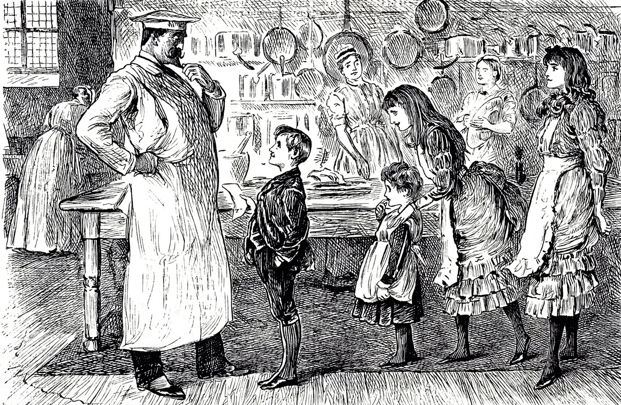 Sarjakuva, jossa kokki ottaa tilauksia talon lapsilta. Kuvittanut George du Maurier (1834-1896), ranskalais-brittiläinen sarjakuvapiirtäjä ja kirjailija tekijältä George du Maurier