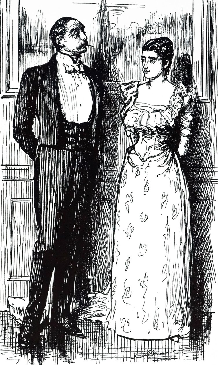 Sarjakuva nimeltä "Psychical Society". Kuvittanut George du Maurier (1834-1896), ranskalais-brittiläinen sarjakuvapiirtäjä ja kirjailija tekijältä George du Maurier