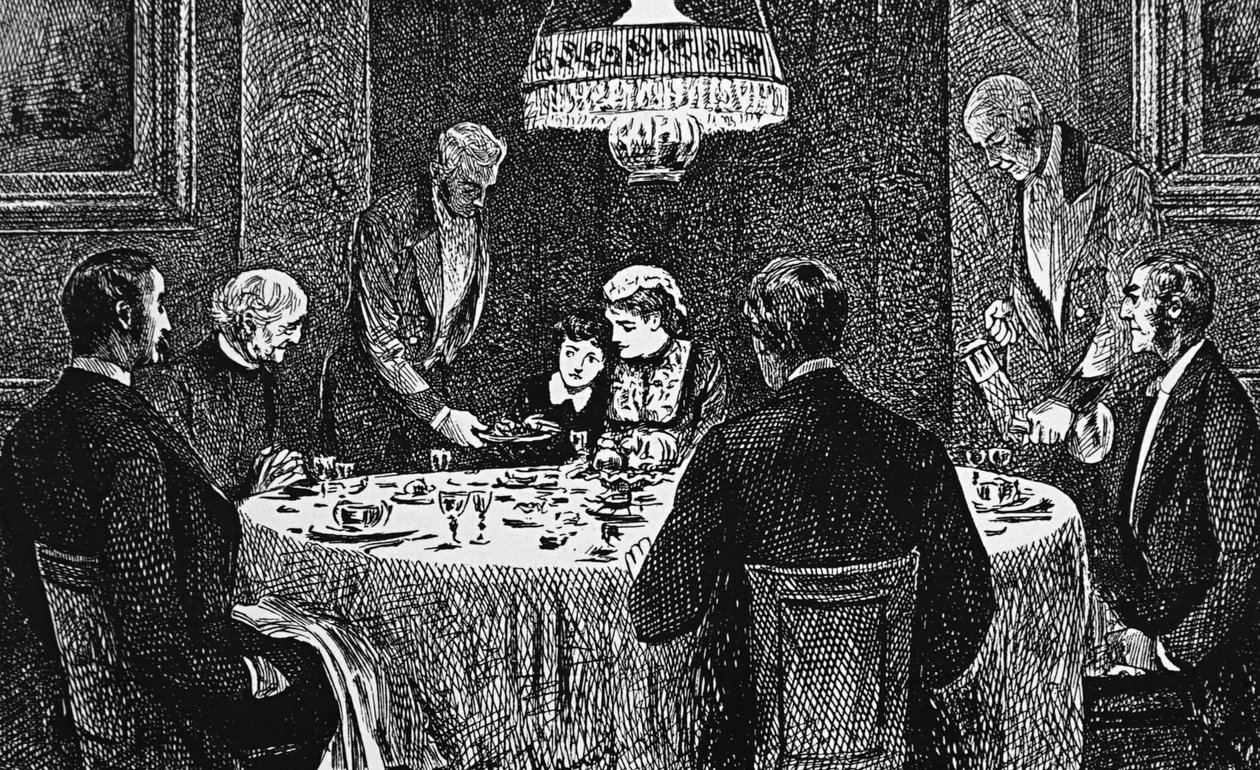 Yläluokan perhe pöydässä tekijältä George du Maurier