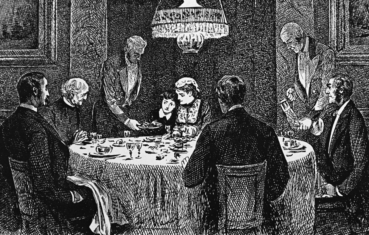Yläluokan perhe pöydässä tekijältä George du Maurier